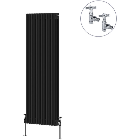 NRG - Traditional Rad Cast Iron Style Radiator Black + Chrome Angled Traditional Radiator Manual Valves 1500x560mm Vertical Triple Column