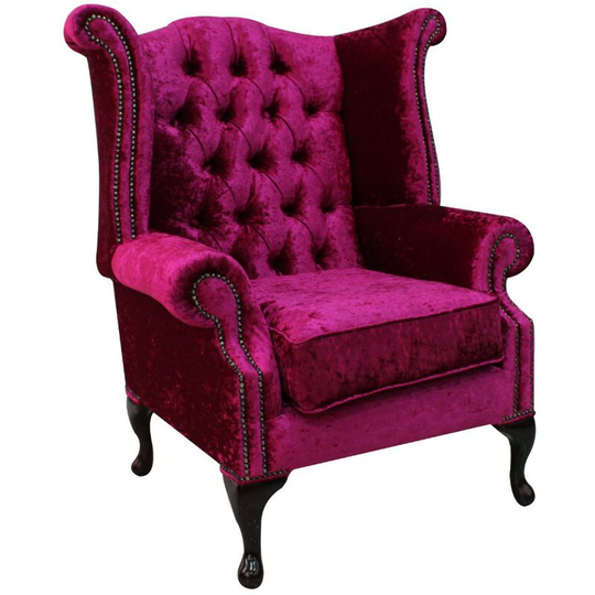 Chesterfield Queen Anne High Back Wing Chair Shimmer Fuchsia Velvet