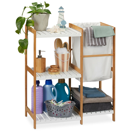Bathroom Shelf Unit With Laundry Bin, Standing & Open, Bamboo & mdf Shelving Unit, hwd 76x65.5x33 cm, Natural - Relaxdays