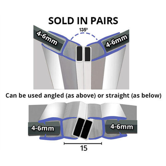 Chrome Magnetic Shower Seal for Screens or Doors | Fits 4, 5 or 6mm Glass | Sold as Pairs | MAG001CP (200cm) - Clear