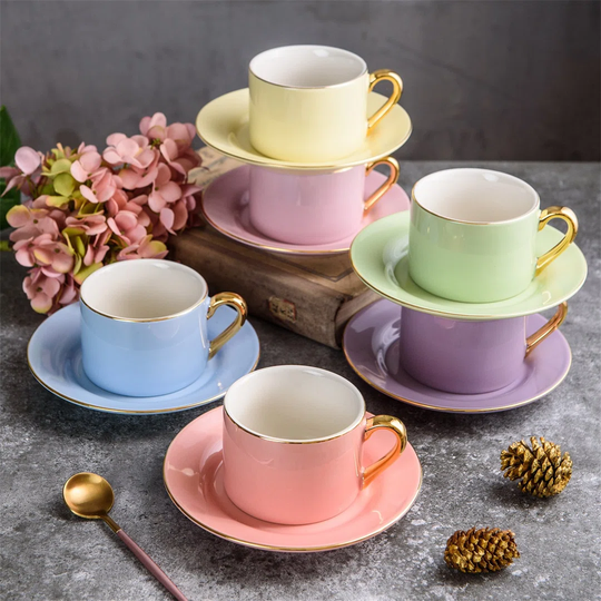Mixed Bright Colors Glazed Porcelain Tea & Coffee Service Set,Porcelain 220Ml/7.5Oz Coffee Tray And Mug,Service For 6