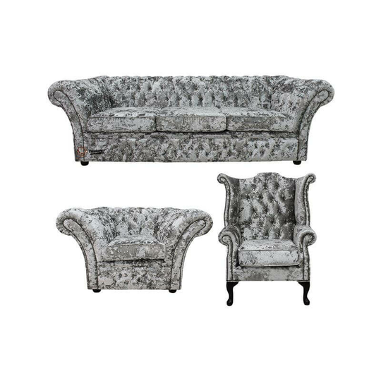 Designersofas4u - Chesterfield Balmoral 4 Seater Sofa Settee + Club Armchair + Queen Anne Wing Chair Suite Lustro Argent Velvet Fabric