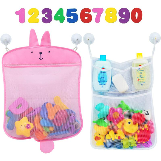 Baby Bath Toy Organizer - Bunny (2 Bath Toy Storage Nets, 10 Toy Numbers & 10 Strong Hooks) - Great Bath Net for Kids - Cute Bathtub Toy Organizer