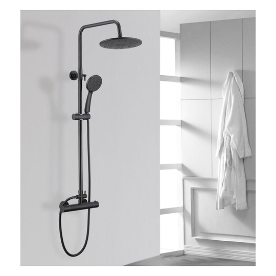 Bathroom Thermostatic Double Faucet Black Round Shower Set, Water Saving Height Angle Adjustable Anti-scalding