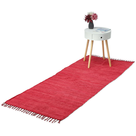 Flatweave rug, made of cotton, handmade, anti-slip, runner with tassels, floor rug, size 80 x 200 cm, red - Relaxdays