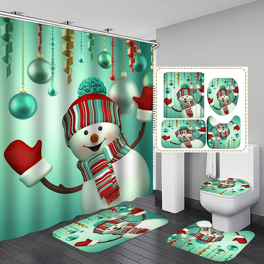 Merry Christmas Shower Curtain Sets for Bathroom, 4 Pieces Christmas Shower Curtain/Non-Slip Bathroom Mat/Cover Toilet Cover/Bath Mat, Funny Green