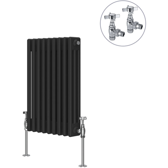 Black Traditional Cast Iron Style Radiator with Chrome Angled Cross Head Manual Valves Horizontal 3 Column 600x427mm