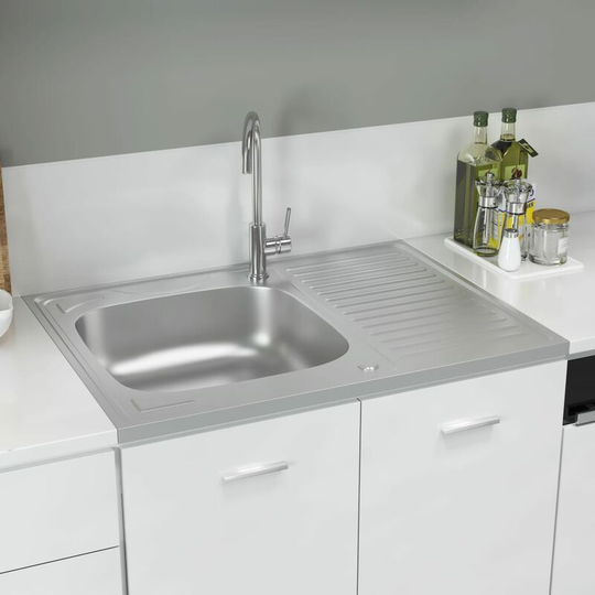 Kitchen Sink with Drainer Set Silver 800x600x155 mm Stainless Steel FF147233_UK - Topdeal