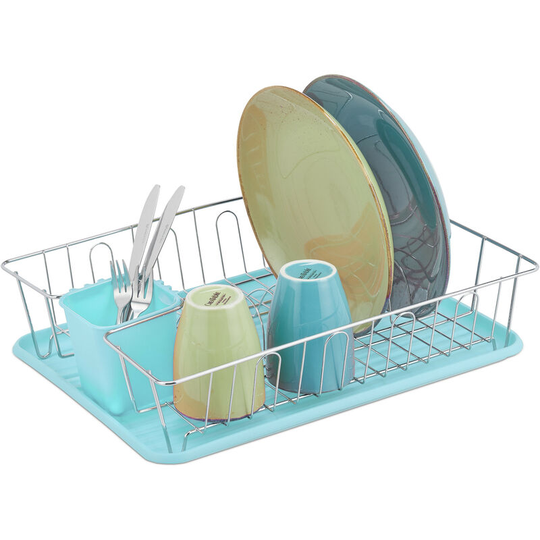 Relaxdays - Dish Drainer, hwd: 11.5 x 43 x 34 cm, Drying Rack, Drip Tray, Cutlery Holder, Metal & Plastic, Blue