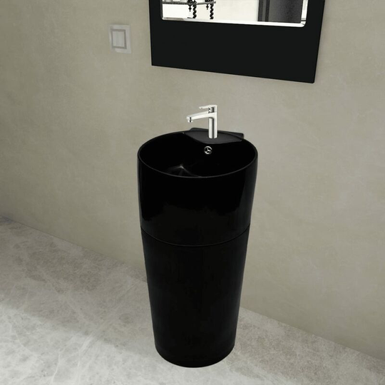 Ceramic Stand Bathroom Sink Basin Faucet/Overflow Hole Black Round - Black