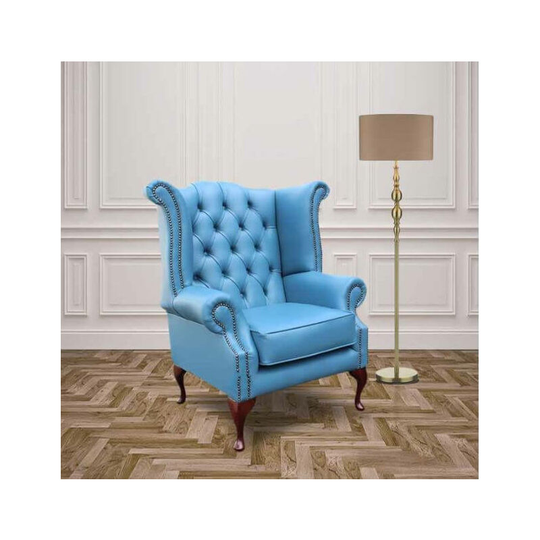 Chesterfield Queen Anne High Back Wing Chair Soft Vele Cambridge Blue Leather
