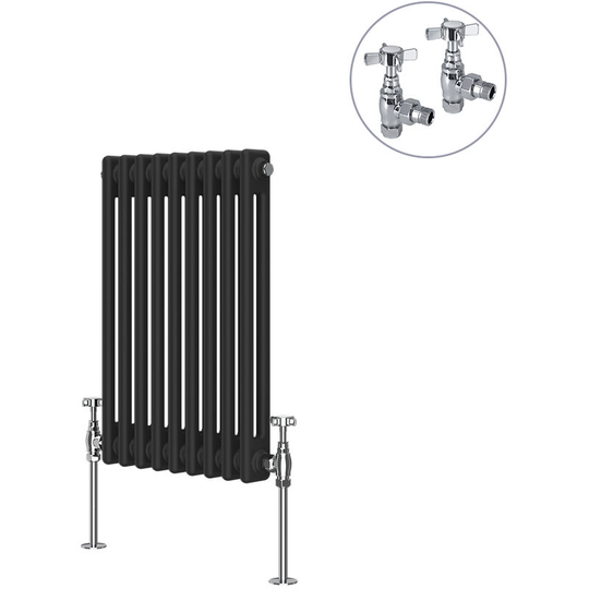 Black Traditional Cast Iron Style Radiator with Chrome Angled Cross Head Manual Valves Horizontal 2 Column 600x425mm