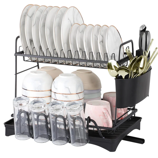 Dish Rack, 2 Tier Dish Drying Rack With Drainboard Stainless Steel Dish Drainer For Kitchen Countertop, With Adjustable Swivel Spout, Cup Holder, Uten