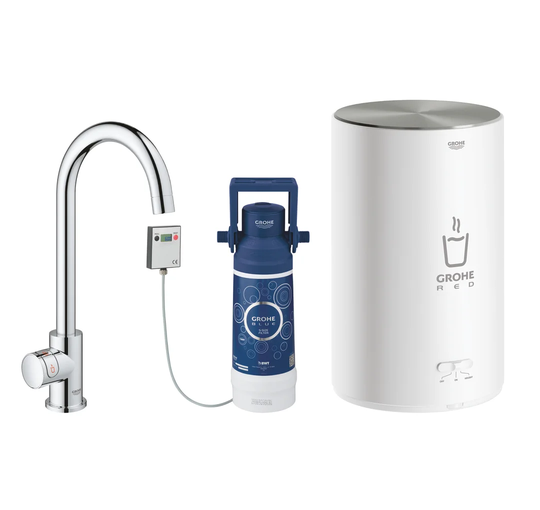GROHE RED Mono kitchen tap (C-spout) with filter set and M size boiler for instant kettle-hot water. Chrome finish. A-rated energy efficiency and safe