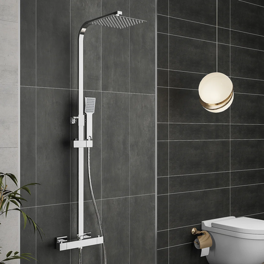 Kante Thermostatic Exposed Shower Mixer Bathroom Twin Head Large Square Bar Set Chrome