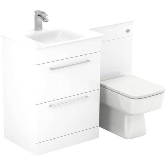 Venice Square White Glass 1100mm Left Hand 2 Drawer Gloss White Vanity Unit Toilet Suite - White