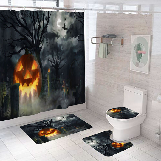 Halloween Leprechaun Pumpkin Shower Curtain Sets, Generic Halloween Bathroom Decor Set 71 inch x 71 inch - Shower Curtain with Mat, Toilet Lid Cover,