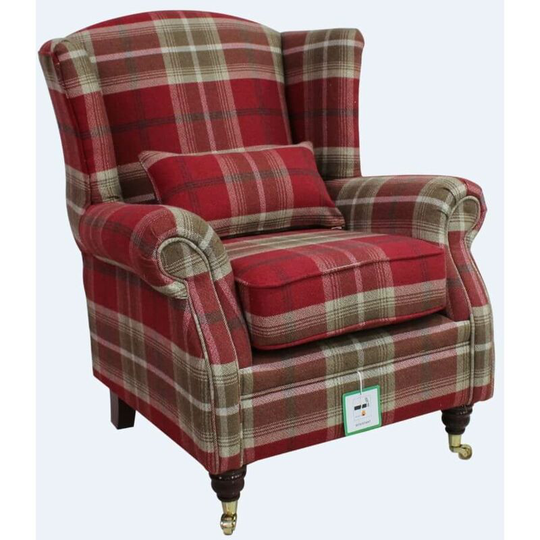 Wing Chair Fireside High Back Armchair Balmoral Red Check Fabric p&s
