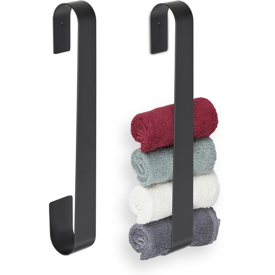Set 2x Towel Storage Rails for Bathroom Wall, Without Drilling, Stainless Steel, 45 cm, Self-Adhesive, Black - Relaxdays