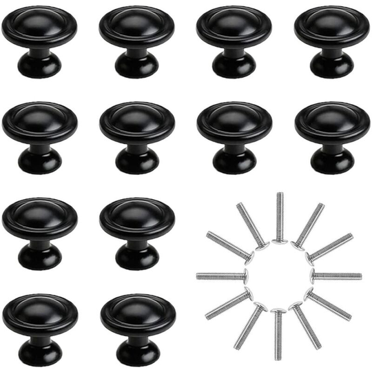 Perlerare - 12PCS Drawer Knobs, Black Cabinet Knobs, 31MM Aluminum Alloy Drawer Pull Handle, One Hole Cupboard Handles, Door Knobs with Screws for
