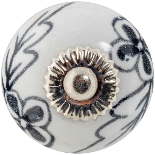 Round Ceramic Cabinet Knob - Black Flower - Nicola Spring