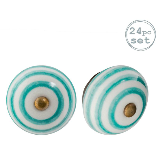 Round Ceramic Cabinet Knobs - Turquoise Stripe - Pack of 24 - Nicola Spring