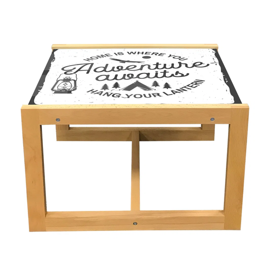 Saying Coffee Table, Home Is Where You Hang Your Lamp Typography With A Tent And Trees Camping, Acrylic Glass Center Table With Wooden Frame For Offic