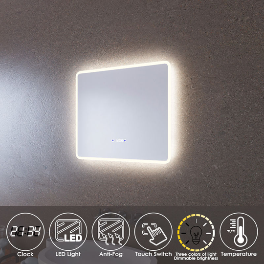 ELEGANT LED Illuminated Bathroom Mirror 600 x 500mm with Clock Temperature Display Anti-foggy Led Mirror Three Color Mode
