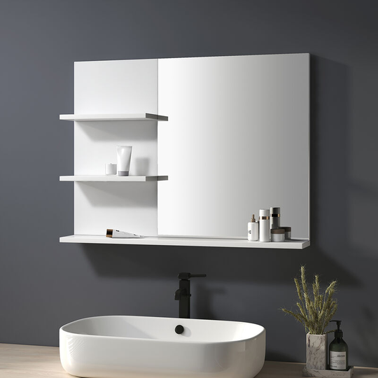 White Mirror Bathroom Mirror with Shelf Wooden Frame Wall-Mounted Mirror with Wooden Shelf Wall Hanging Mirror 800x600mm - Heilmetz
