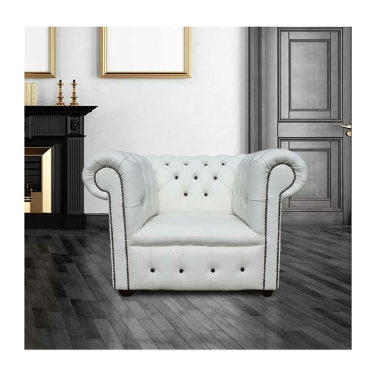 Chesterfield Low Back Club ArmChair White Leather With Black Buttons