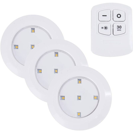 3Pcs Wireless led Washer Light Remote Control Under Cabinet Dimmable Lights for Kitchen Closet Bedroom (white light without Battery)