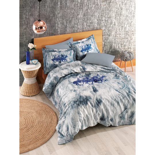 Grey/Blue/White 100% Cotton Duvet Cover Set