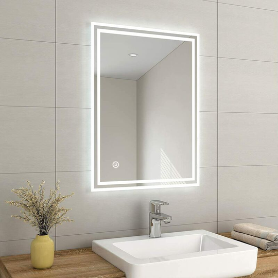 Emke - 800 x 600 mm led Illuminated Bathroom Mirror with Lights and Demister Pad, Wall Mounted Touch Sensor Bathroom Mirrors Anti Fog for Makeup