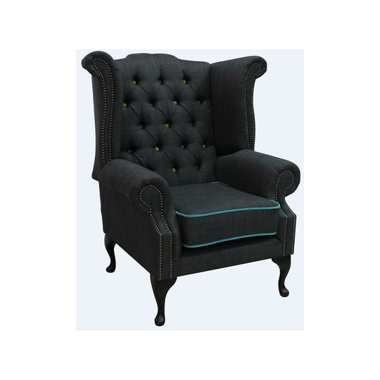 Chesterfield Linen Queen Anne High Back Wing Chair Charles Charcoal Blue Trim