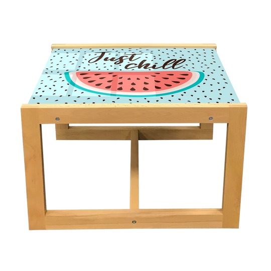 Saying Coffee Table, Doodle Illustration Of Just Chill Typography With Watermelon Slices, Acrylic Glass Center Table With Wooden Frame For Offices Dor