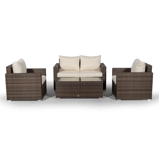 Villatoro Brown Rattan 2 Seat Sofa + 2 X Armchairs & Rectangle Coffee Table, Outdoor Patio Garden Furniture