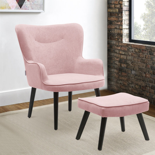 Frosted Velvet Smiley Lounge Armchair with Footstool, Pink - Livingandhome