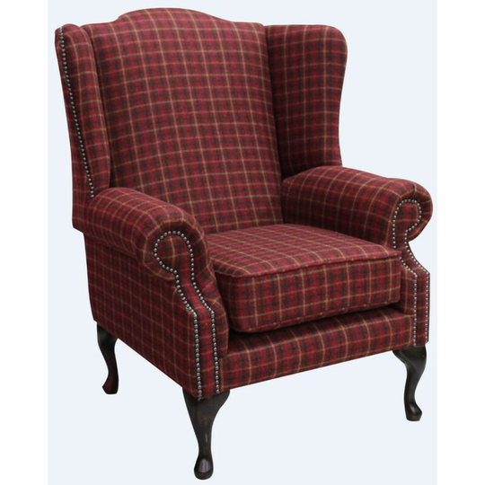 Designersofas4u - Chesterfield Saxon Mallory Wool Wing Chair Fireside High Back Armchair Balmoral Claret Check Tweed