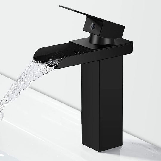 Modern Black Waterfall Bathroom Faucet, Waterfall Basin Mixer Tap, Basin Faucet with 140mm Height Spout, Brass Bathroom Mixer Tap, Cold & Hot Water