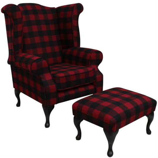 Black and Red Check Wool Chesterfield Scroll High Back Armchair Designersofas4u