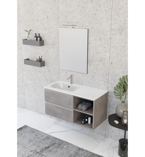 Vanity Unit 2 Drawers, Open Element With Left Integrated Washbasin, Mirror And Spotlight