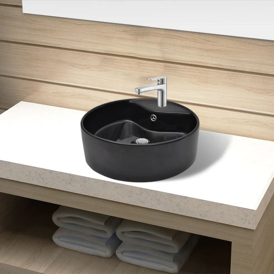 Ceramic Bathroom Sink Basin Faucet/Overflow Hole Black Round VD04217