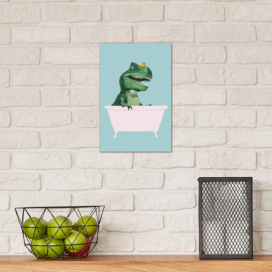 Playful T Rex in Bathtub in Green by Big Nose Work - Wrapped Canvas Graphic Art Print