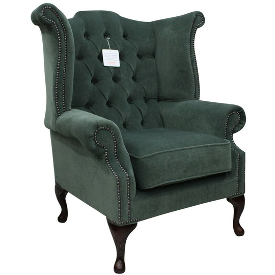 Chesterfield Fabric Queen Anne High Back Wing Chair Pimlico Ocean Green