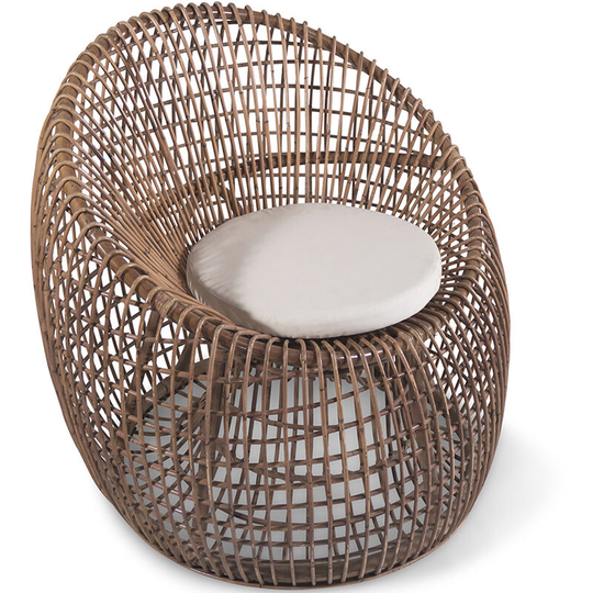 Privatefloor - Rattan Armchair with Cushion, Boho Bali Style - Opi White Rattan, Canvas - White