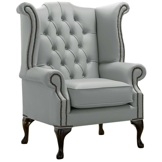 Chesterfield Queen Anne High Back Wing Chair Shelly Moon Mist Leather