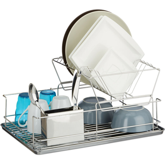Dish Drainer, With Cutlery Basket, Drip Tray, Dish Rack, Stainless Steel, Robust, HxWxD: ca 23.5 x 48 x 32 cm, Silver - Relaxdays