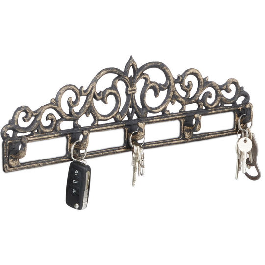 Relaxdays - Cast Iron Wall Coat Rack, 5 Hooks, Antique Cottage-Style, for Keys, HxWxD: 13.5 x 42 x 4 cm, Bronze