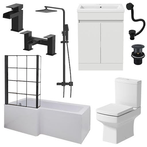 Affine Royan Black Bathroom Suite with L Shape Shower Bath 1700 & Artis Vanity Unit Left Hand