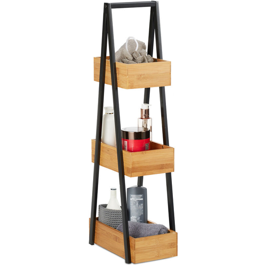 Bamboo Bathroom Shelf, Compact 3-Tier Ladder Rack for Bathroom and Kitchen, Metal, 81x18x30 cm, Natural - Relaxdays